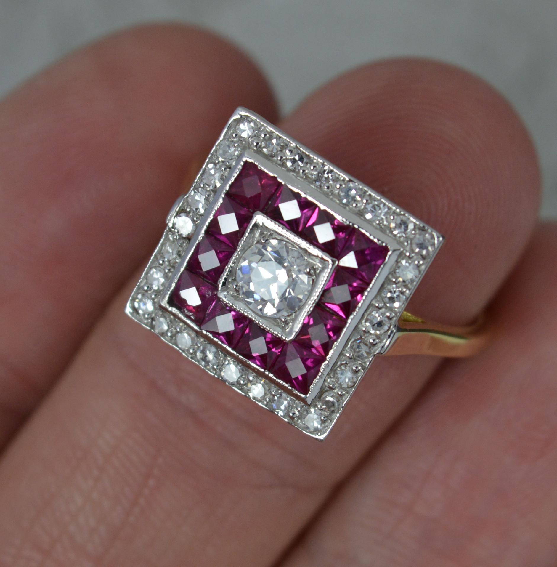 Art Deco 18ct Gold Platinum Diamond and French Cut Ruby Square Cluster Ring 1