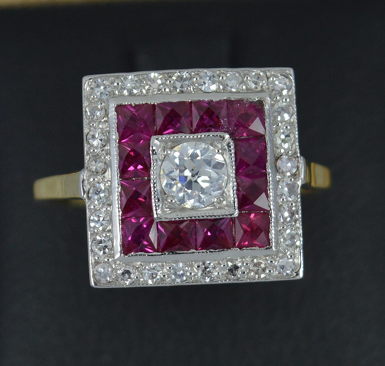 Art Deco 18ct Gold Platinum Diamond and French Cut Ruby Square Cluster Ring 2