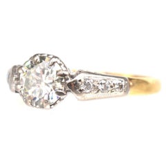 Art Deco 18ct Gold & Platinum Diamond Solitaire Ring w/ Diamond Shoulders