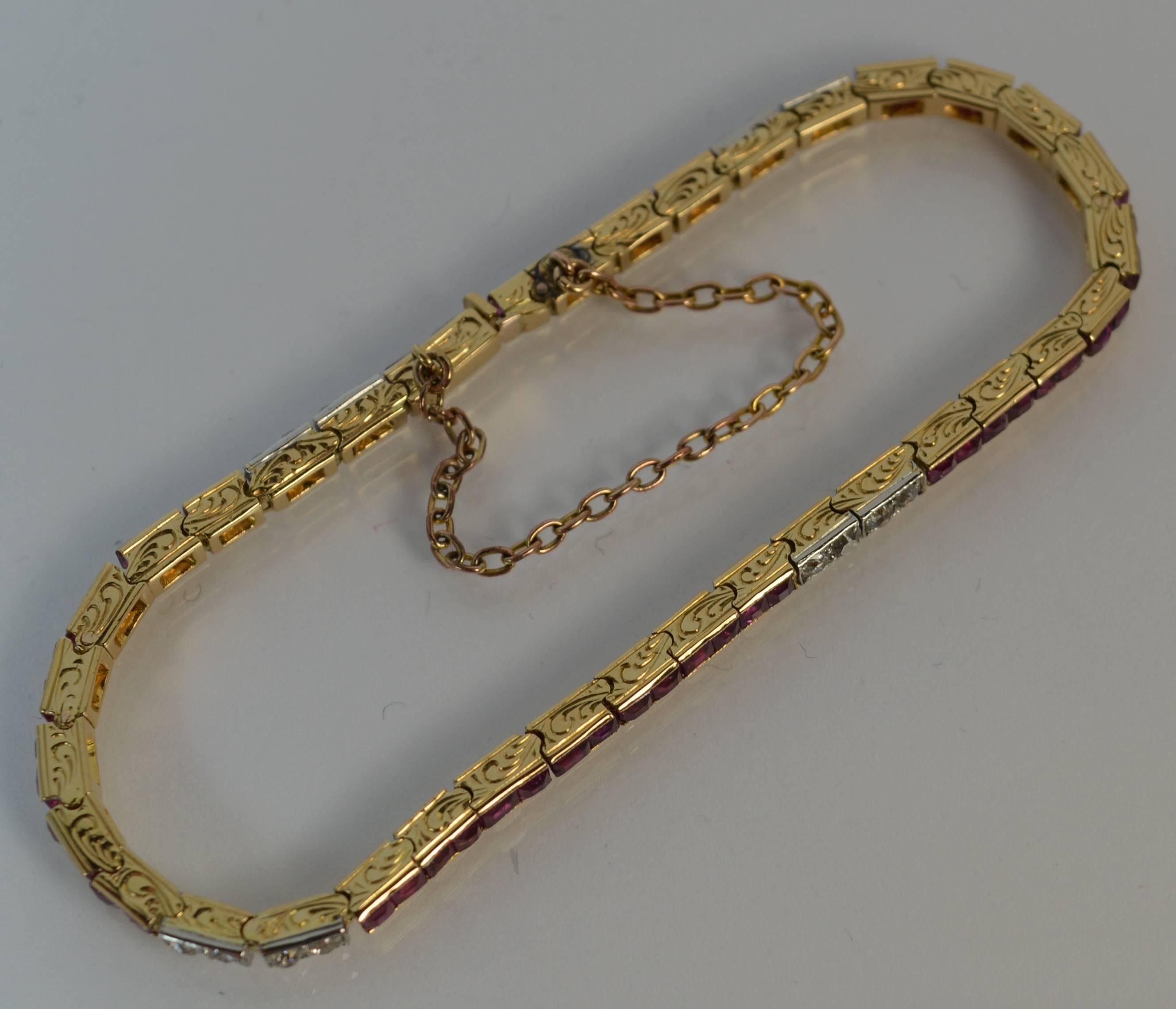 Art Deco 18 Carat Gold Ruby and Diamond Line Tennis Strand Bracelet In Good Condition In St Helens, GB