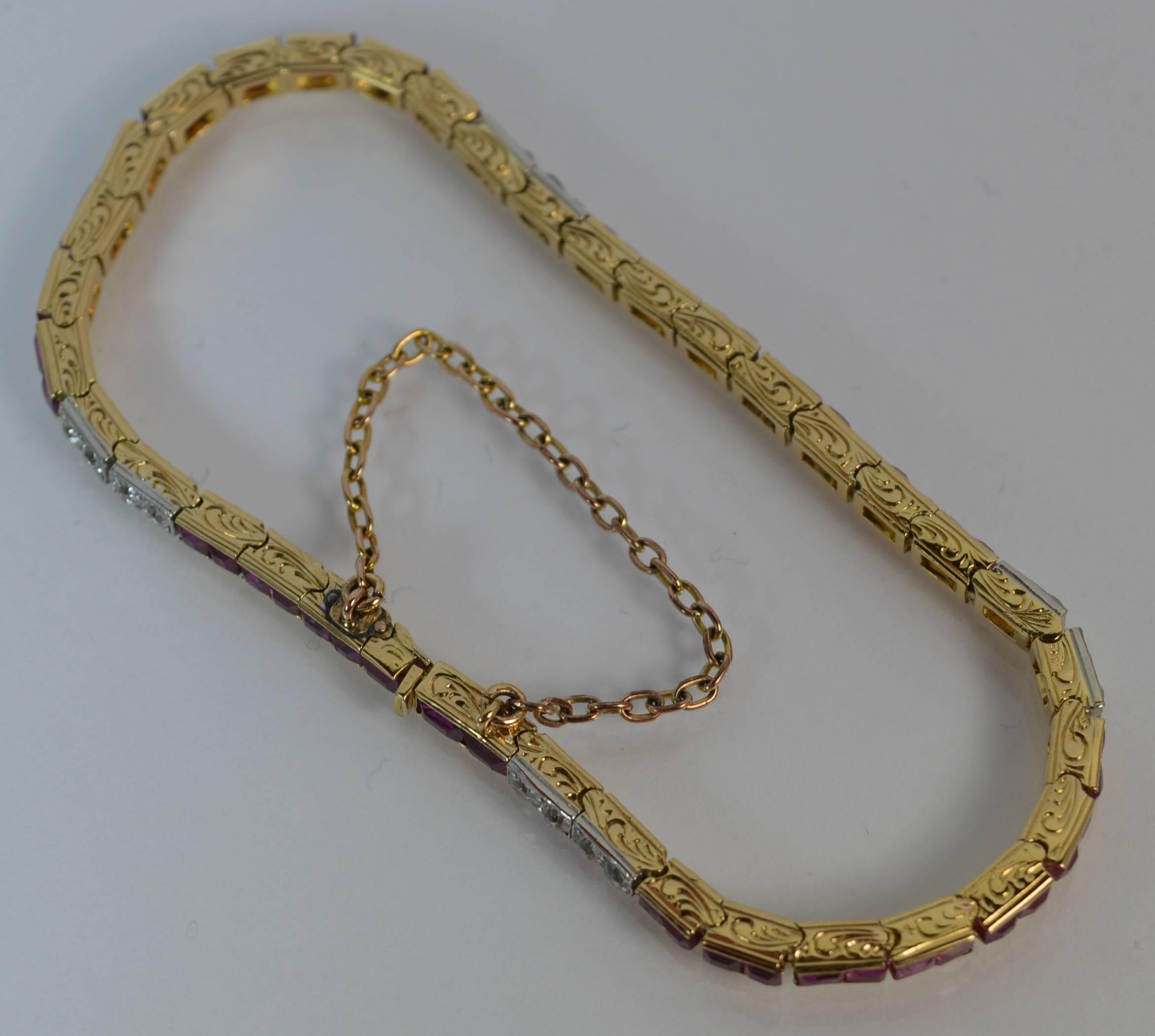 Women's Art Deco 18 Carat Gold Ruby and Diamond Line Tennis Strand Bracelet