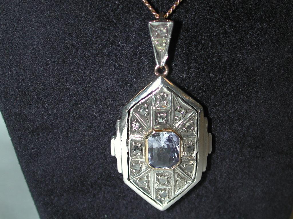 Emerald Cut Art Deco 18ct & Silver Synthetic Sapphire & Diamond Set Pendant, Later 9ct Chain