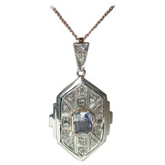 Art Deco 18ct & Silver Synthetic Sapphire & Diamond Set Pendant, Later 9ct Chain