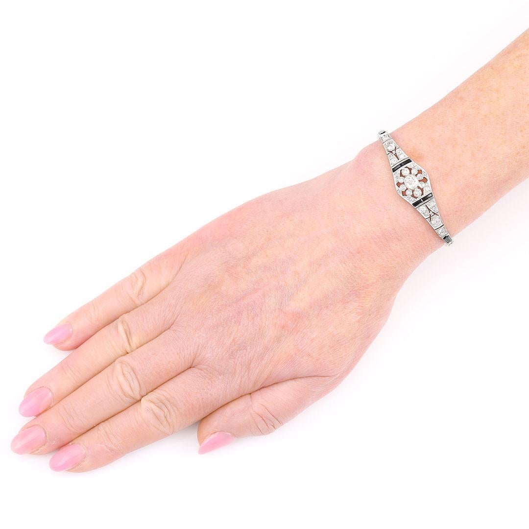 Art Deco 18ct White Gold 2ct Old Mine Cut Diamond and Onyx Bracelet, circa 1930 9