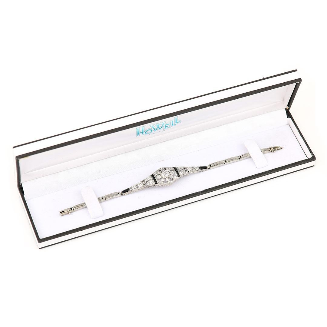 Art Deco 18ct White Gold 2ct Old Mine Cut Diamond and Onyx Bracelet, circa 1930 11