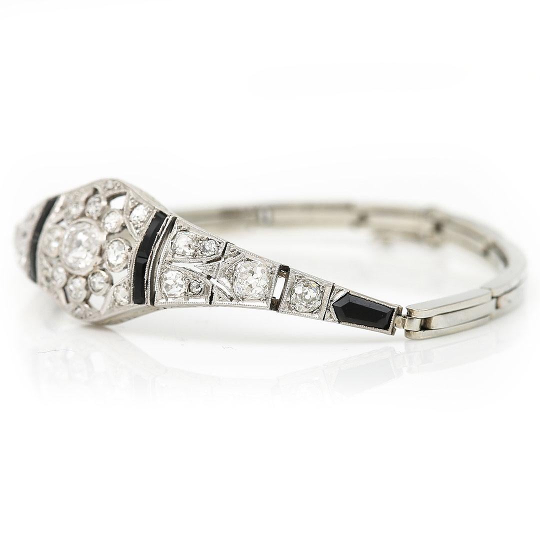 Women's or Men's Art Deco 18ct White Gold 2ct Old Mine Cut Diamond and Onyx Bracelet, circa 1930