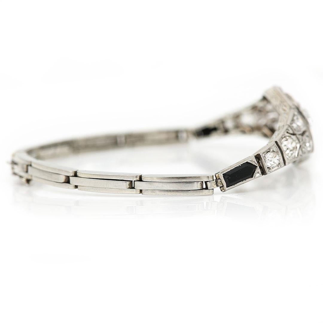 Art Deco 18ct White Gold 2ct Old Mine Cut Diamond and Onyx Bracelet, circa 1930 3