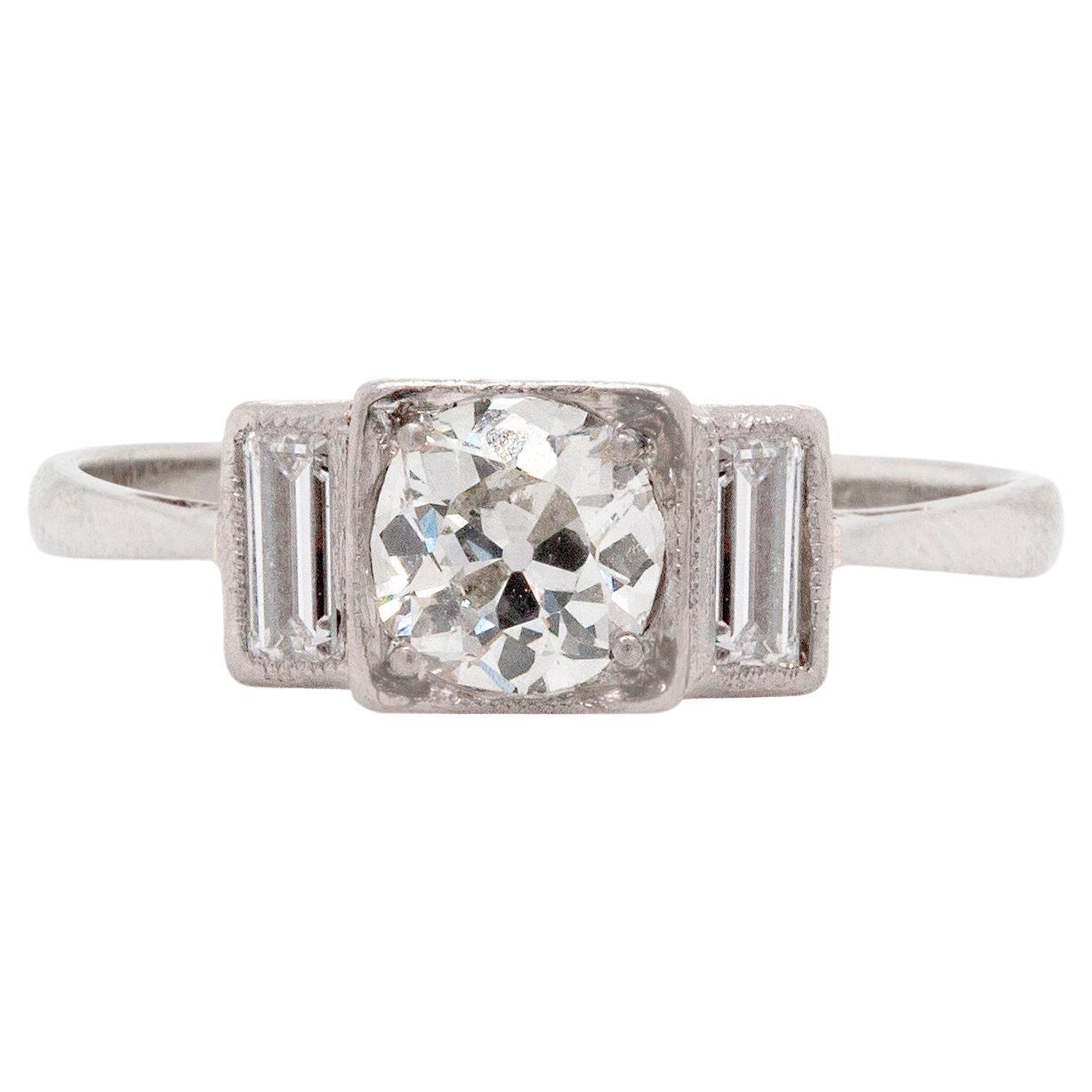 Art Deco 18ct White Gold and Platinum Diamond Three-Stone Engagement Ring For Sale