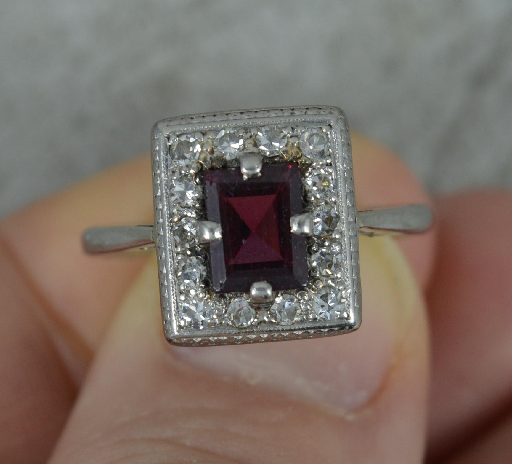 Art Deco 18ct White Gold and Platinum Garnet and Diamond Cluster Ring 1