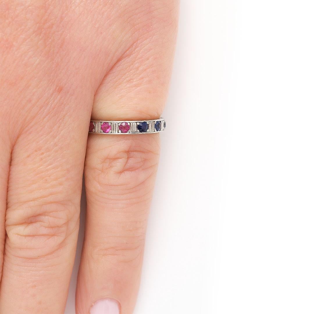 Art Deco 18ct White Gold Patriotic Ruby, Sapphire and Diamond Eternity Ring For Sale 3