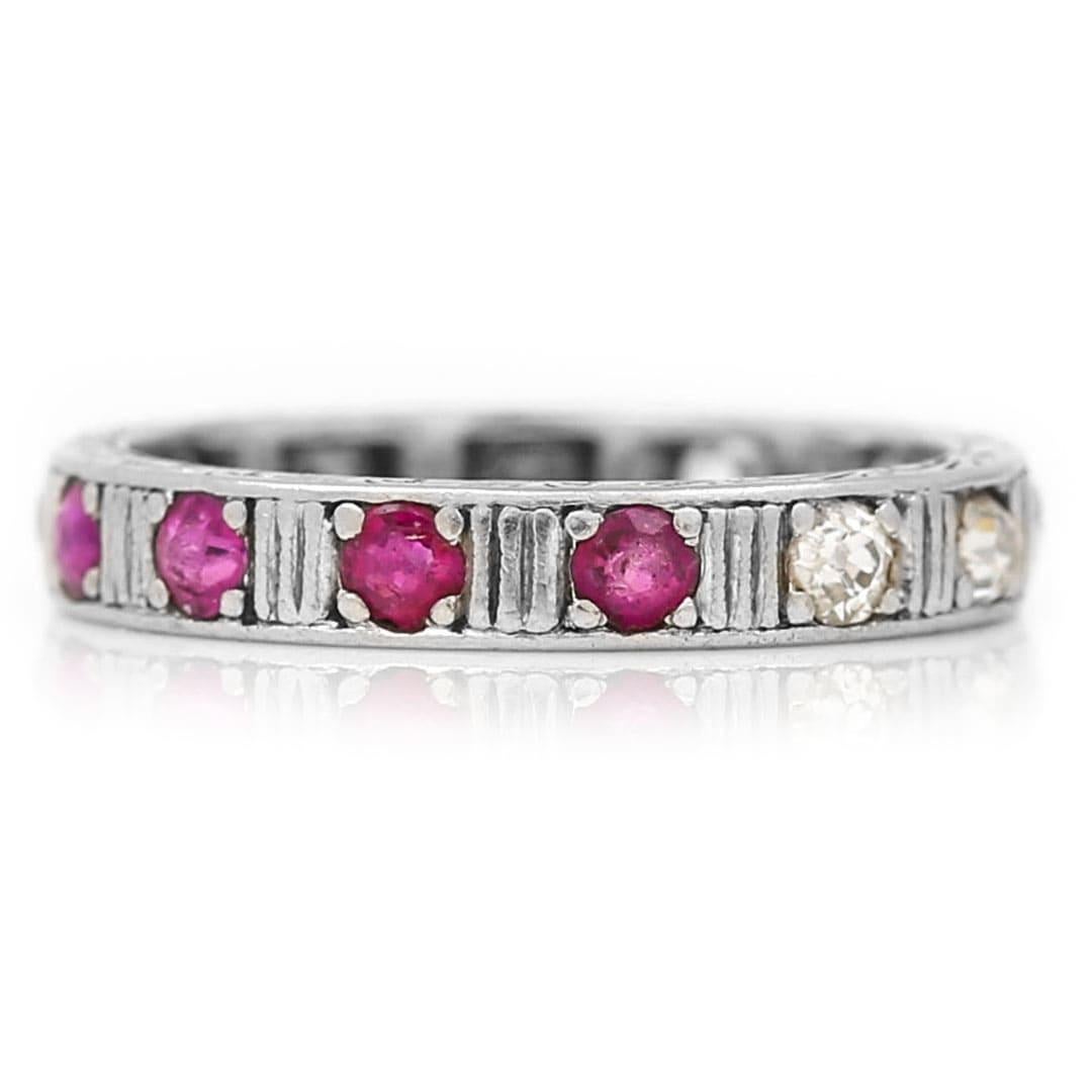 Round Cut Art Deco 18ct White Gold Patriotic Ruby, Sapphire and Diamond Eternity Ring For Sale