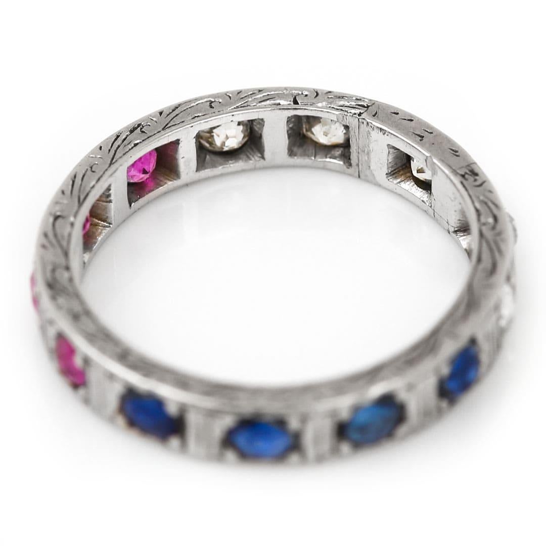 Women's or Men's Art Deco 18ct White Gold Patriotic Ruby, Sapphire and Diamond Eternity Ring For Sale