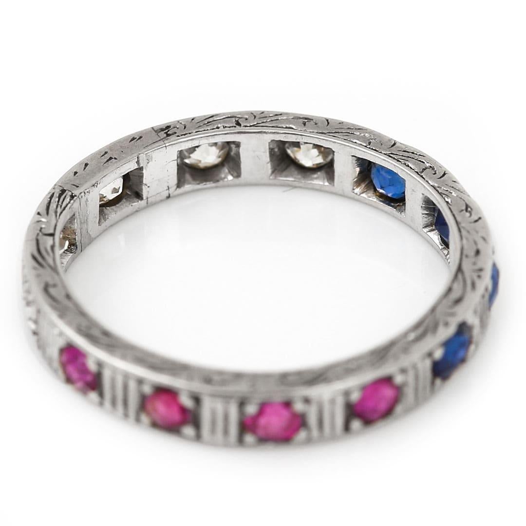 Art Deco 18ct White Gold Patriotic Ruby, Sapphire and Diamond Eternity Ring For Sale 1