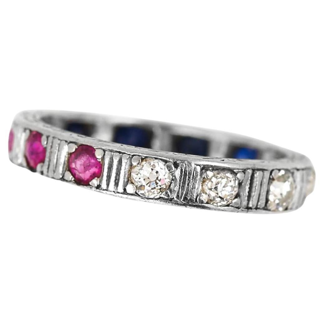 Art Deco 18ct White Gold Patriotic Ruby, Sapphire and Diamond Eternity Ring For Sale
