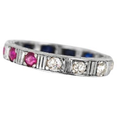 Antique Art Deco 18ct White Gold Patriotic Ruby, Sapphire and Diamond Eternity Ring