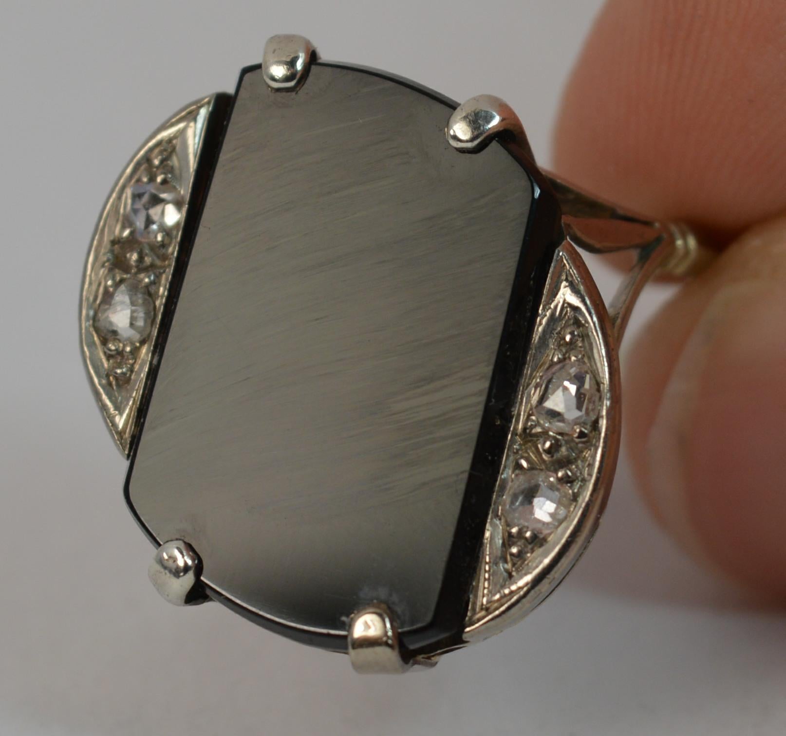 Art Deco 18 Carat White Gold Rose Cut Diamond and Onyx Slab Signet Ring 8