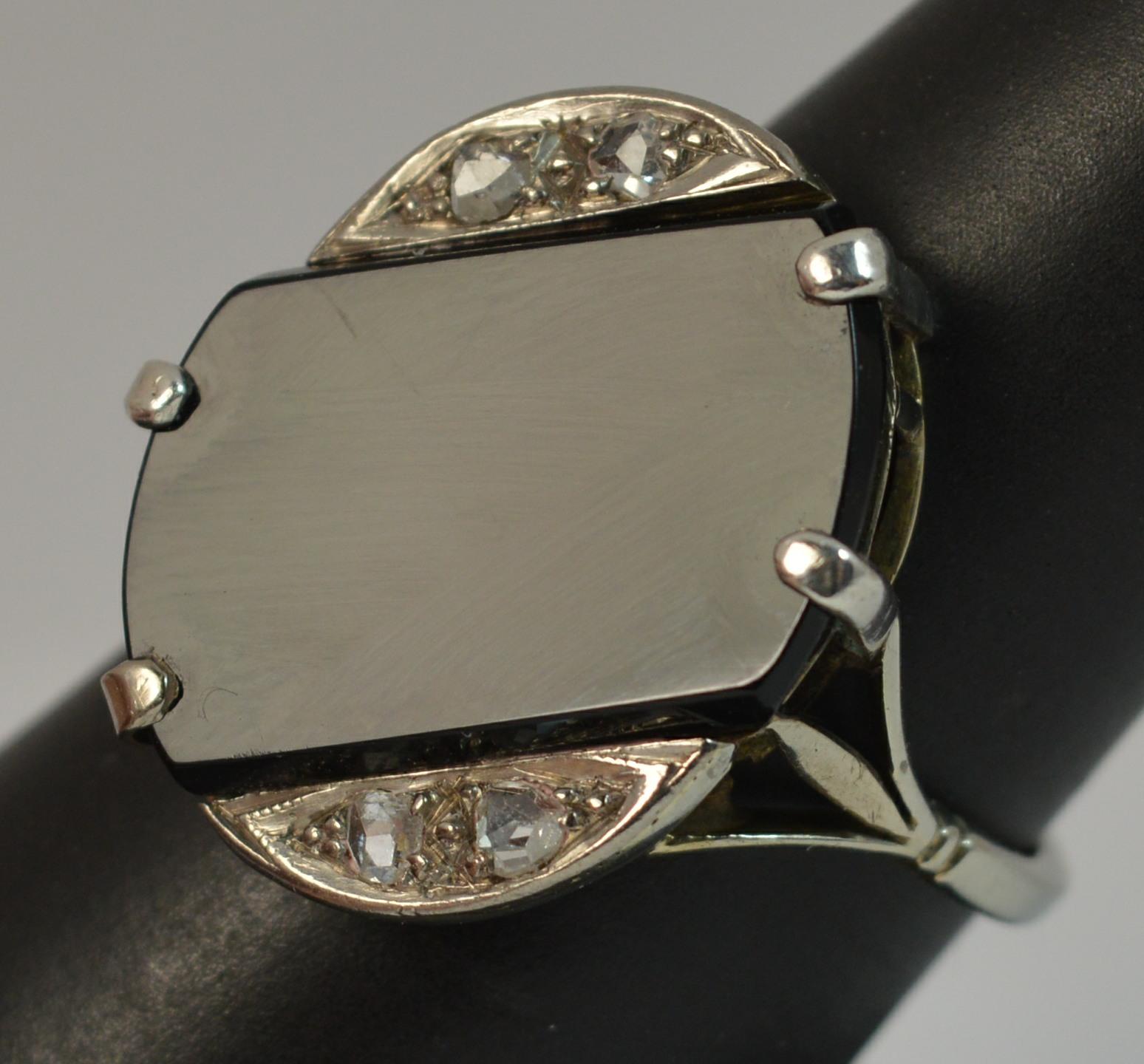 Art Deco 18 Carat White Gold Rose Cut Diamond and Onyx Slab Signet Ring 10