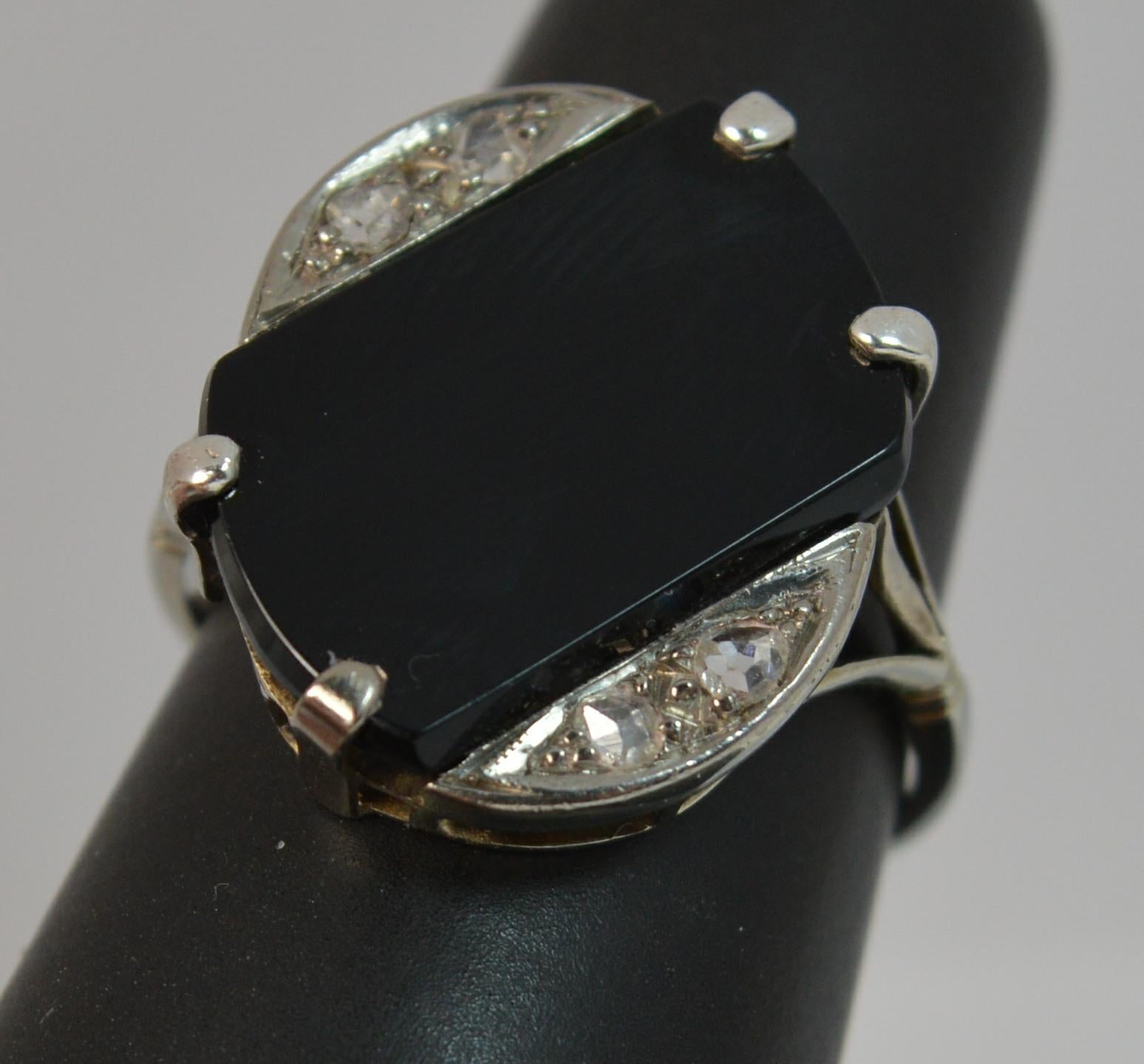Art Deco 18 Carat White Gold Rose Cut Diamond and Onyx Slab Signet Ring 11