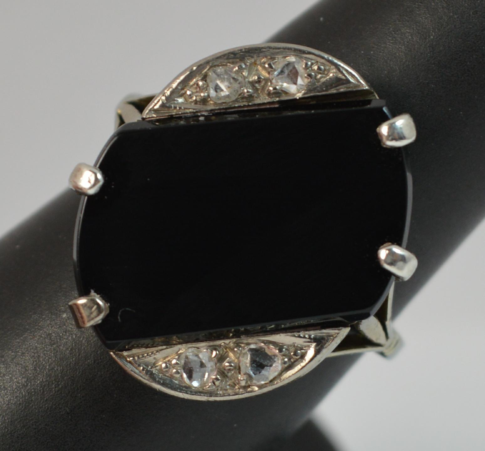 Art Deco 18 Carat White Gold Rose Cut Diamond and Onyx Slab Signet Ring 12