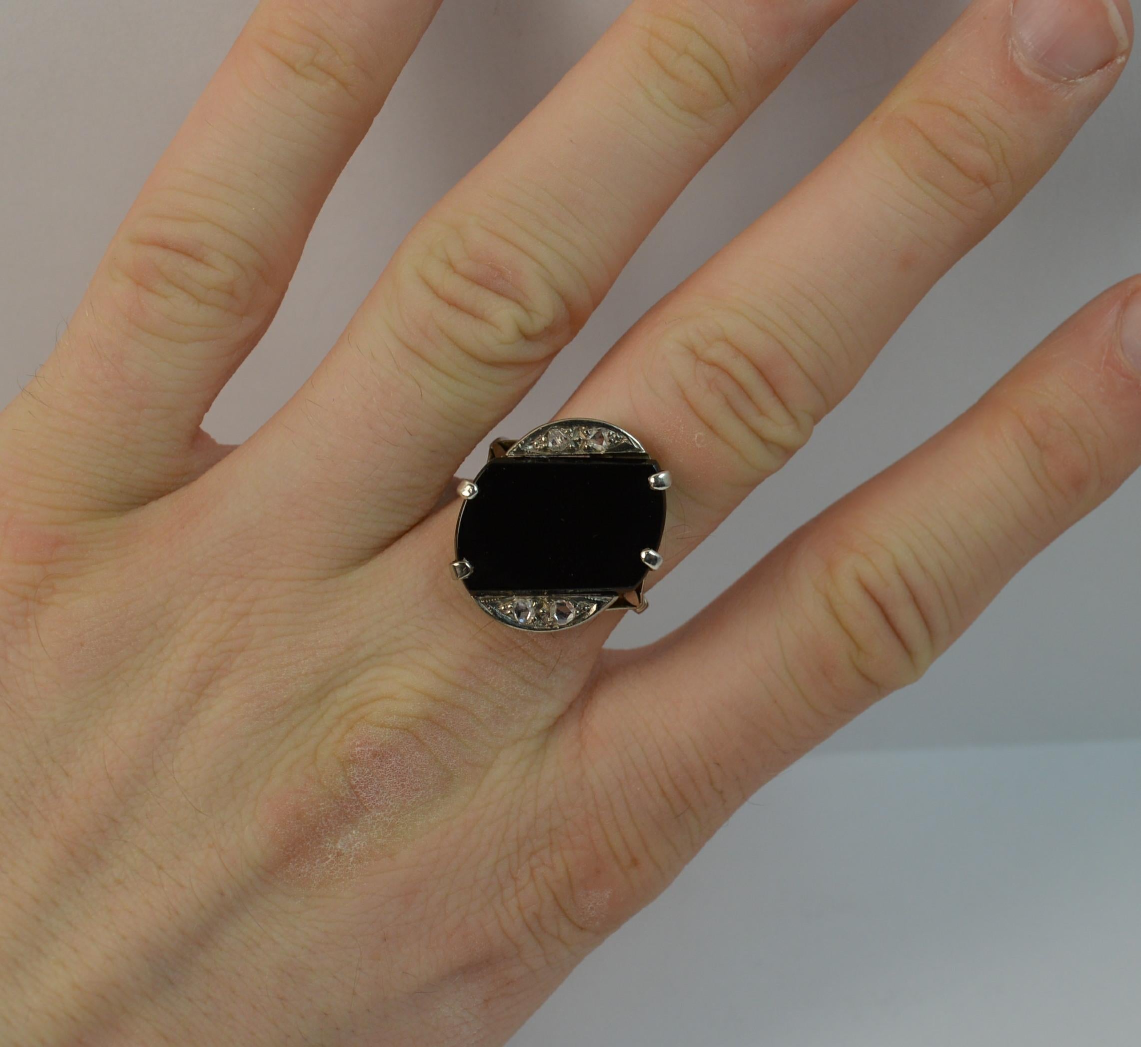 Art Deco 18 Carat White Gold Rose Cut Diamond and Onyx Slab Signet Ring In Excellent Condition In St Helens, GB