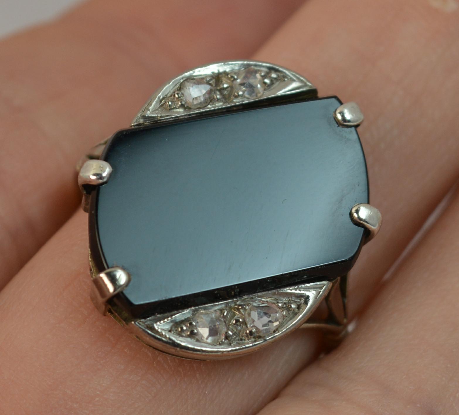 Art Deco 18 Carat White Gold Rose Cut Diamond and Onyx Slab Signet Ring 3