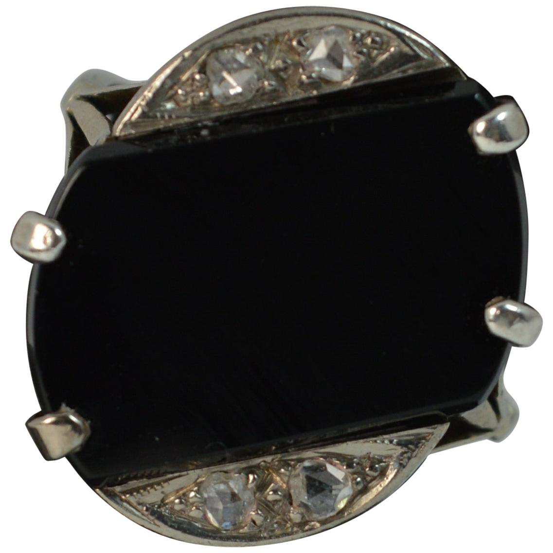 Art Deco 18 Carat White Gold Rose Cut Diamond and Onyx Slab Signet Ring