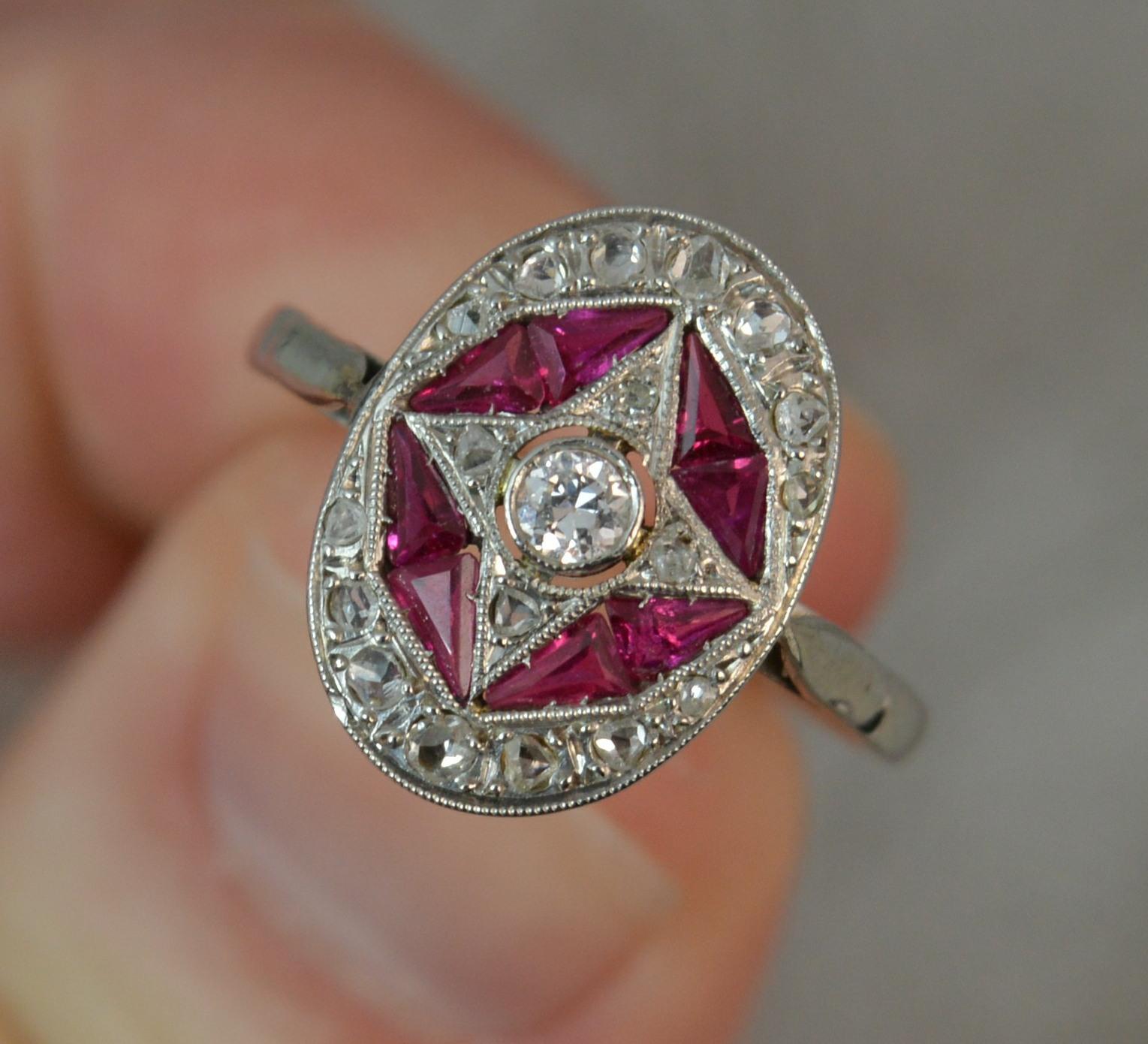 Art Deco 18 Carat White Gold Ruby Diamond Panel Cluster Ring In Excellent Condition In St Helens, GB