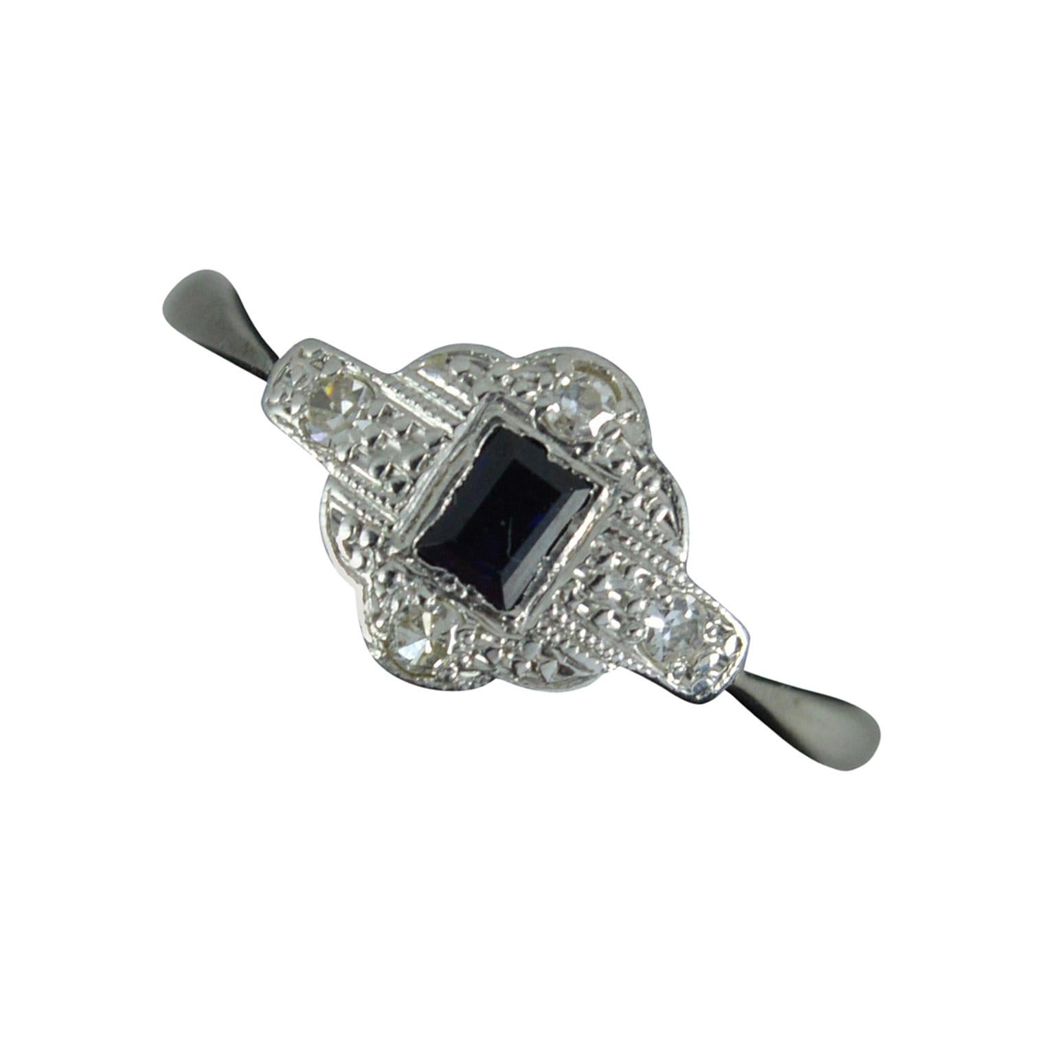 Art Deco 18ct White Gold Sapphire and Diamond Panel Cluster Ring