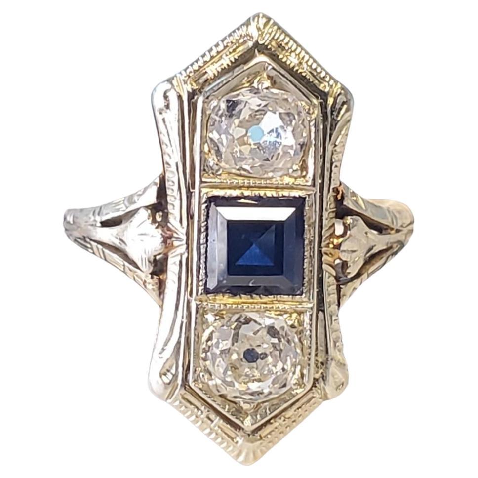 Art Deco 18k/14k Old Euro Diamond and Sapphire 3 Stone Ring .66tcw Diamonds For Sale