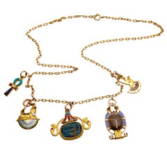 Art Deco 18k and Enamel Egyptian Charm Necklace