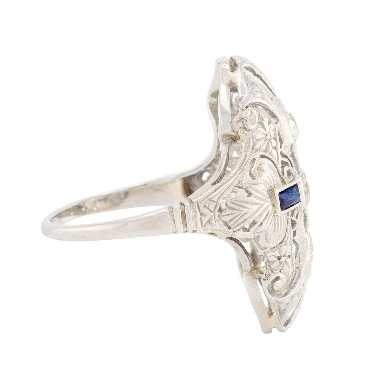 Old Mine Cut Art Deco 18K Diamond and Sapphire Navette Ring For Sale