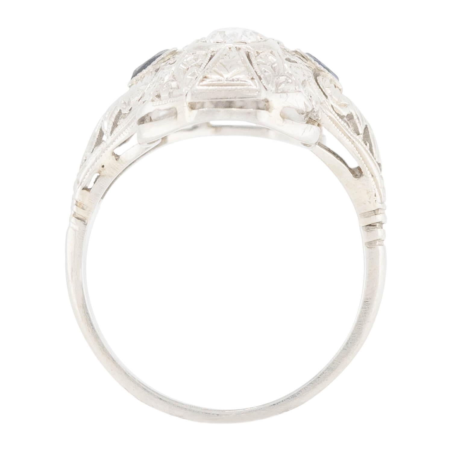 Art Deco 18K Diamond and Sapphire Navette Ring In Good Condition For Sale In Narberth, PA