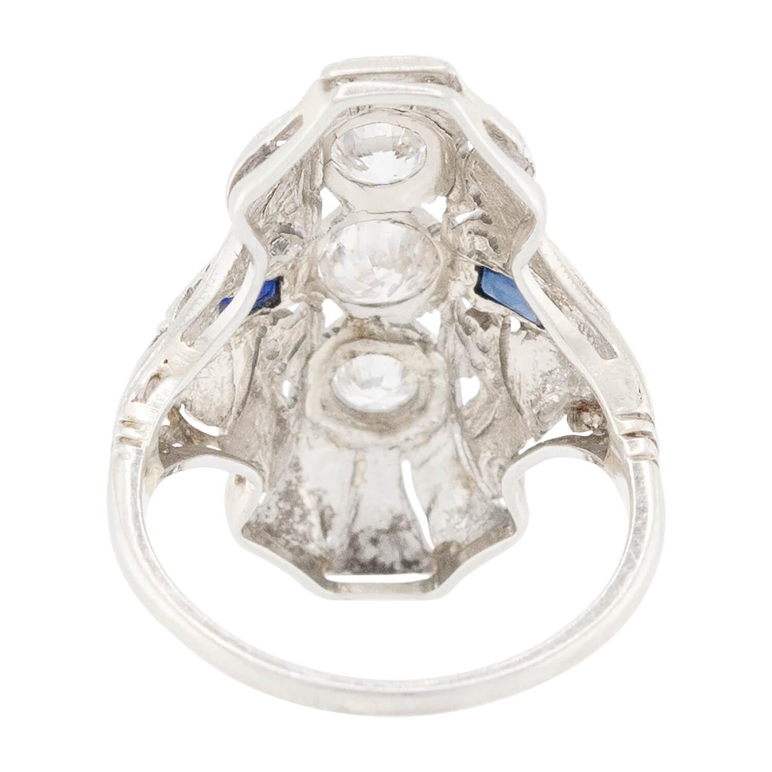 Women's Art Deco 18K Diamond and Sapphire Navette Ring For Sale