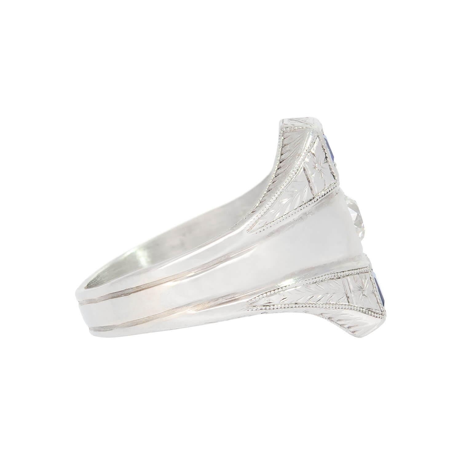 Art Deco 18k Diamond and Synthetic Sapphire Triple Band Ring In Good Condition For Sale In Narberth, PA