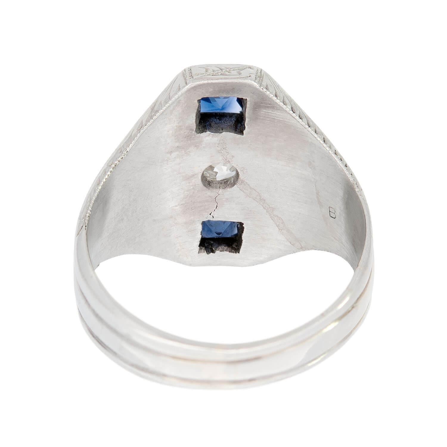 Art Deco 18k Diamond and Synthetic Sapphire Triple Band Ring For Sale 1