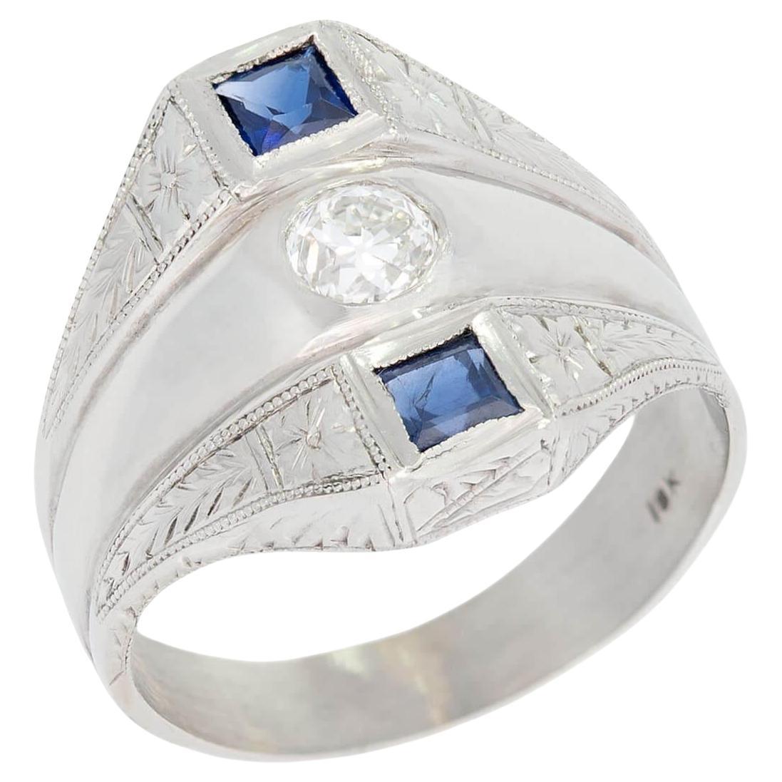 Art Deco 18k Diamond and Synthetic Sapphire Triple Band Ring For Sale