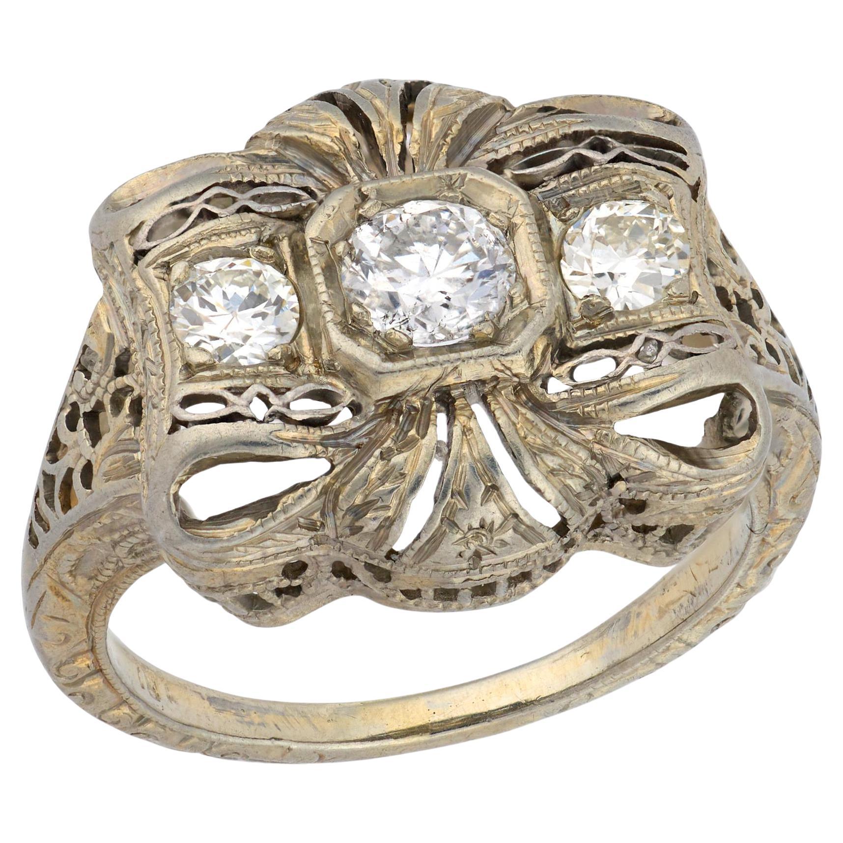 Art Deco 18k Diamond Bow-Motif Ring For Sale