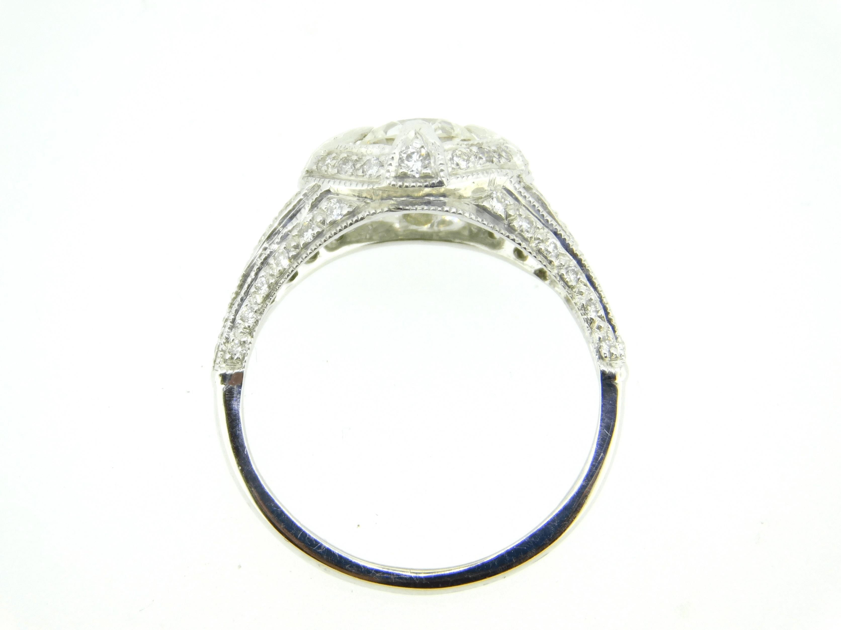 Round Cut Art Deco 18K Diamond Ring 1.05ct Milgrain For Sale