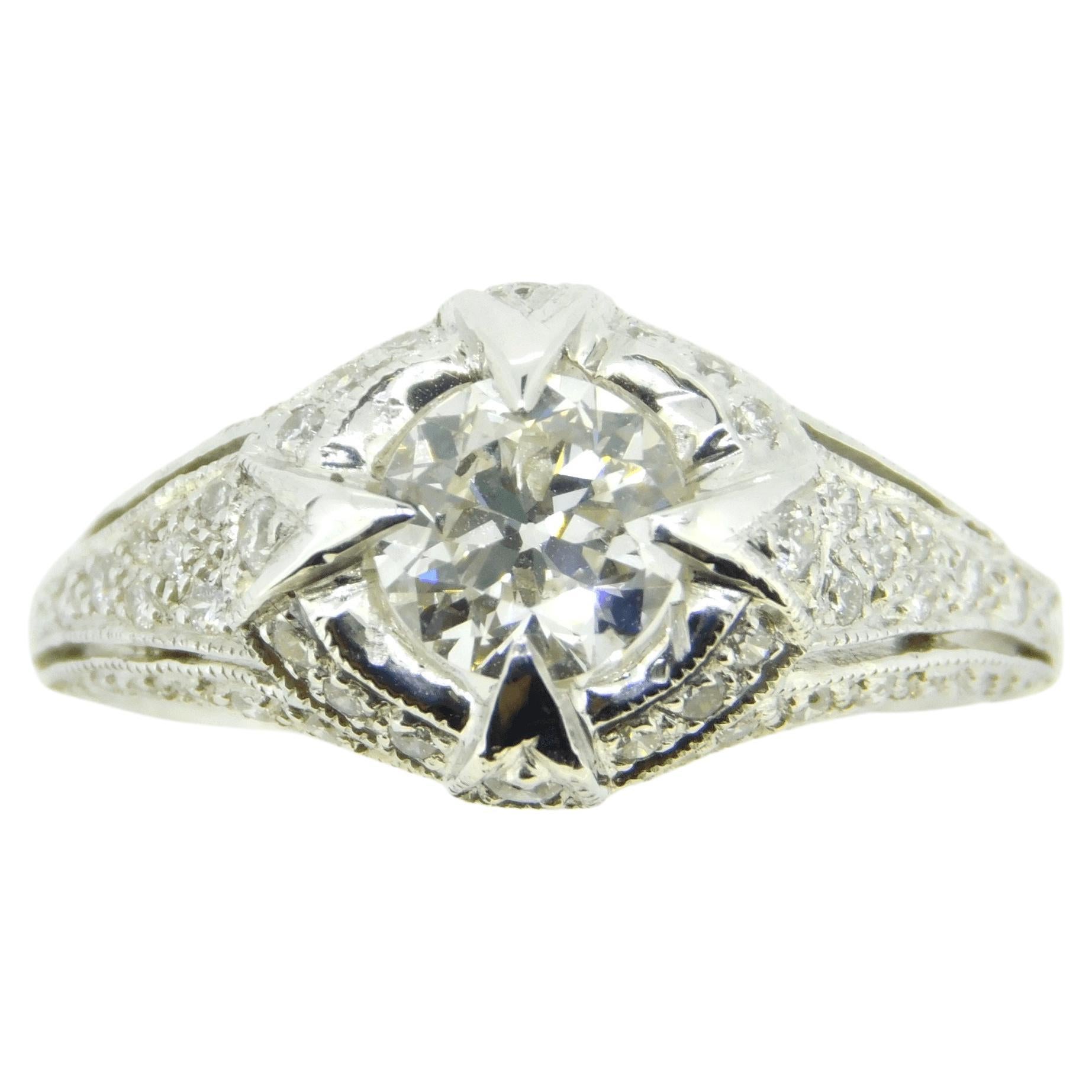Art Deco 18K Diamond Ring 1.05ct Milgrain For Sale