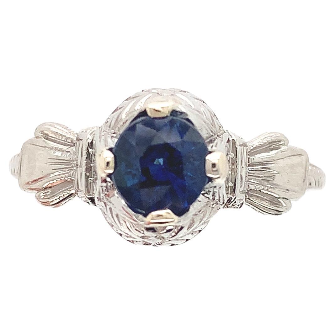 Art Deco 18K Gold .79ct Sapphire Ring Hand Engraved