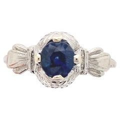 Antique Art Deco 18K Gold .79ct Sapphire Ring Hand Engraved