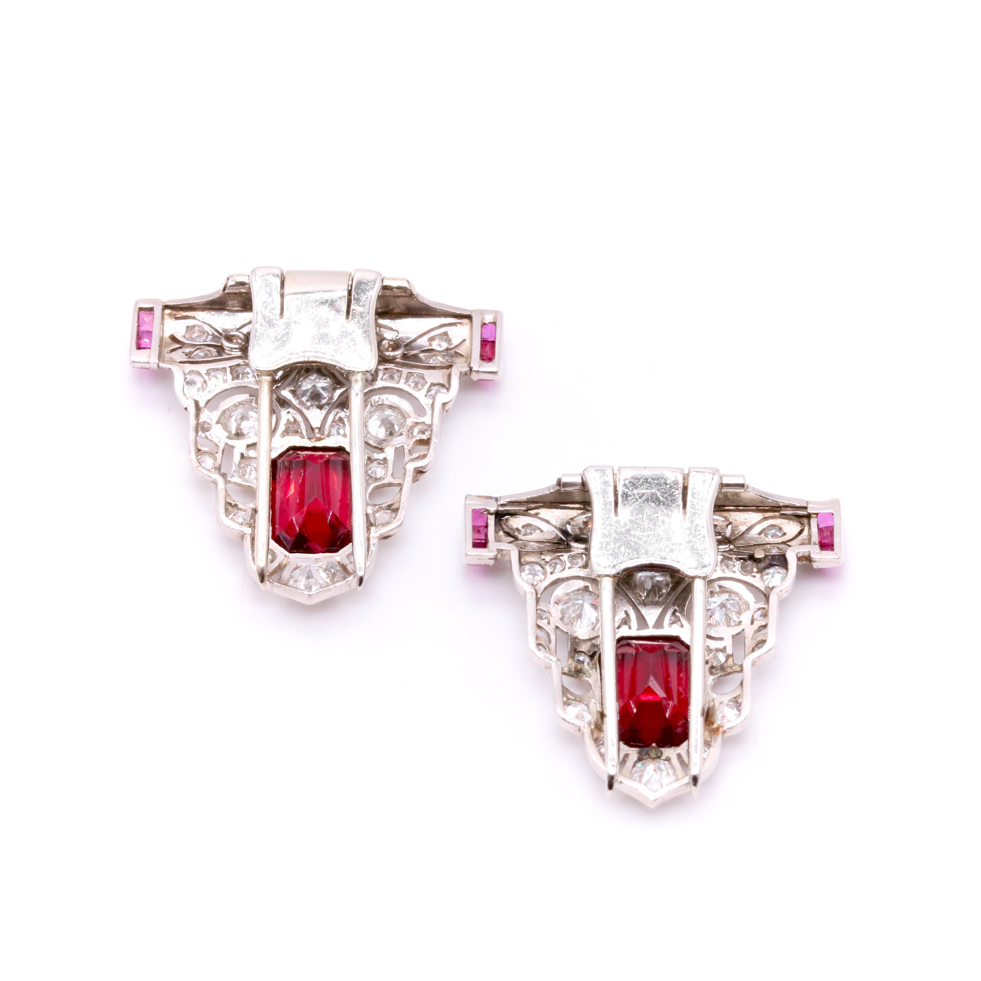 Art Deco 18K Gold 9.31tgw Rubellite Tourmaline, Ruby & Diamond Dress Clips For Sale 5