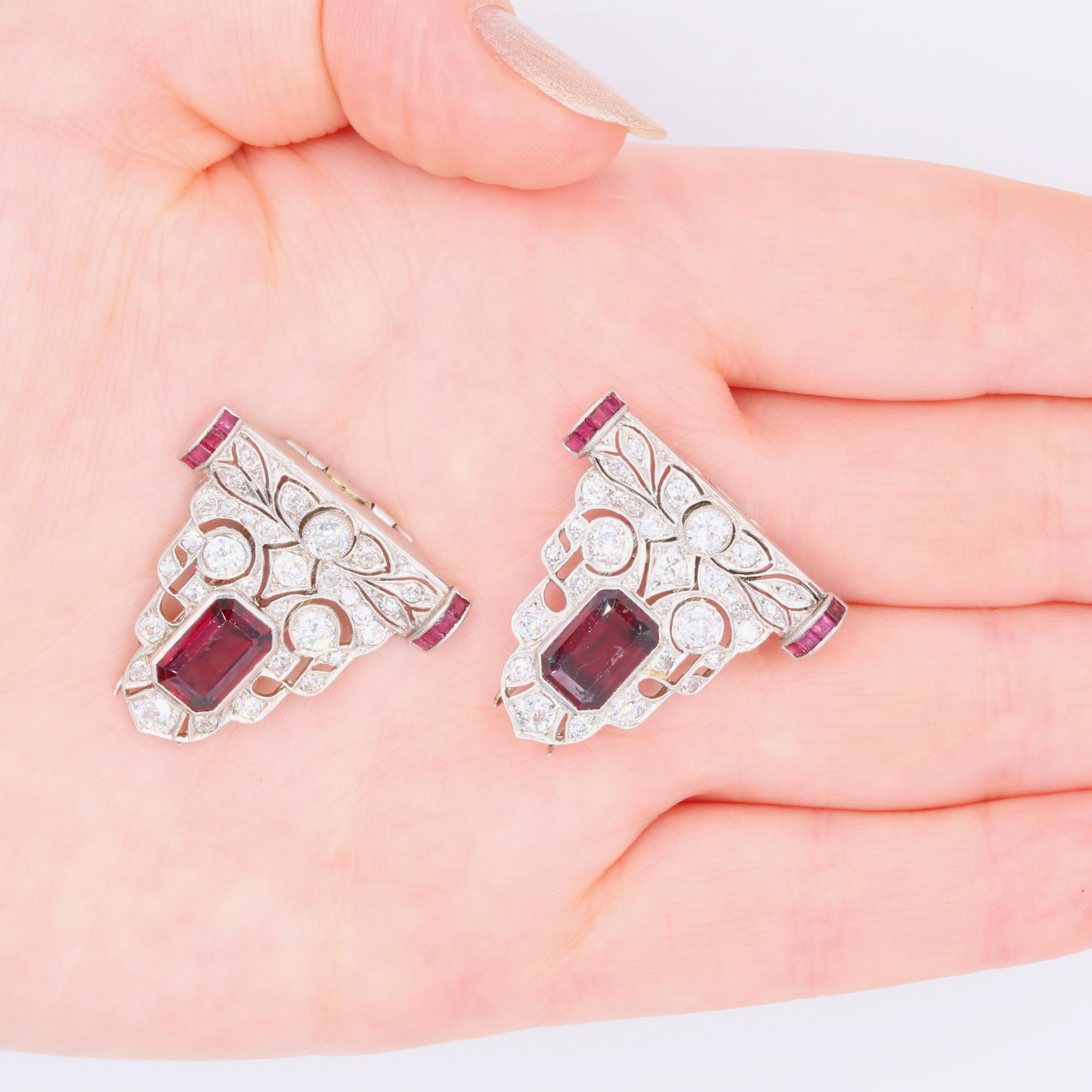 Art Deco 18K Gold 9,31tgw Rubellit Turmalin, Rubin & Diamant Kleid Clips 6