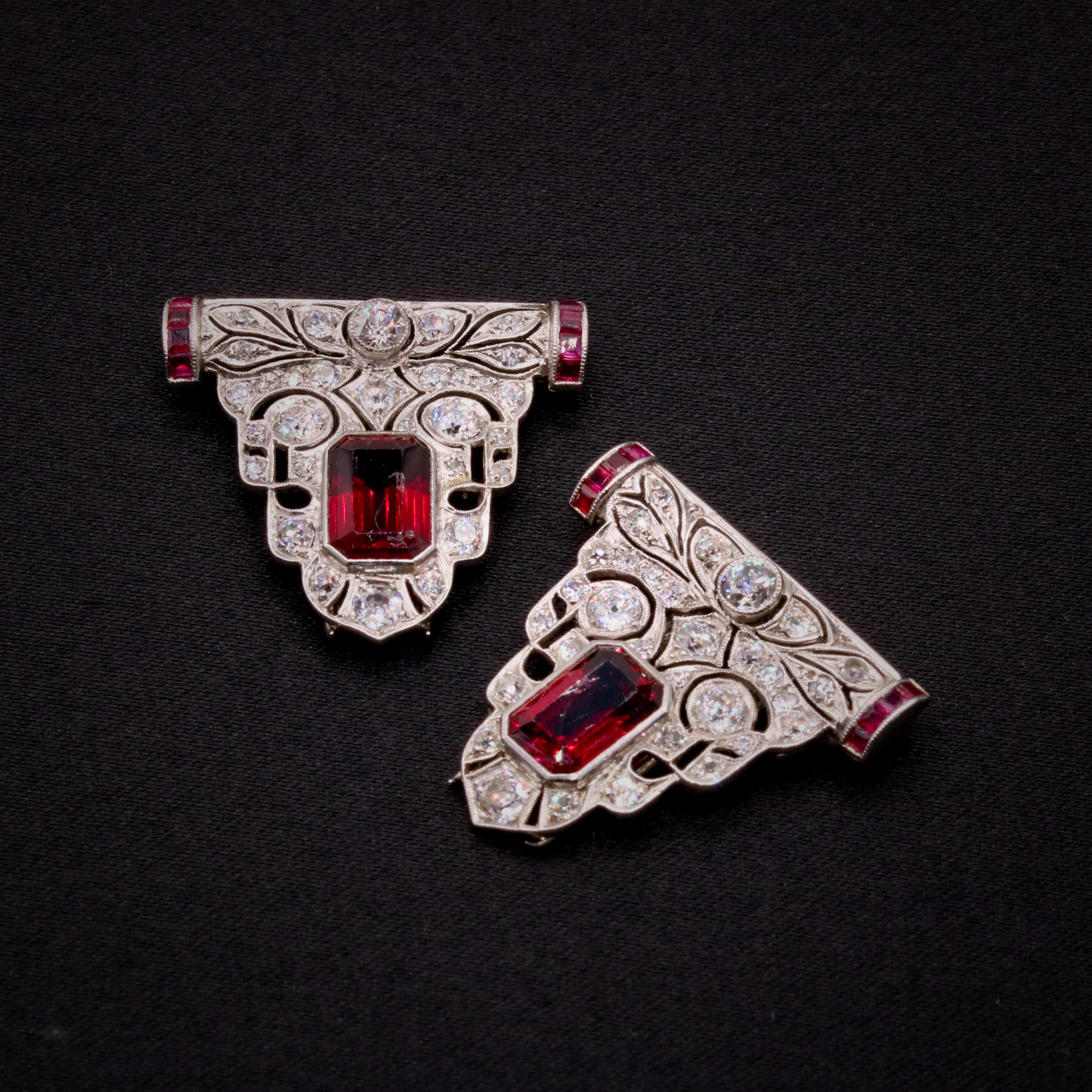 Old European Cut Art Deco 18K Gold 9.31tgw Rubellite Tourmaline, Ruby & Diamond Dress Clips For Sale