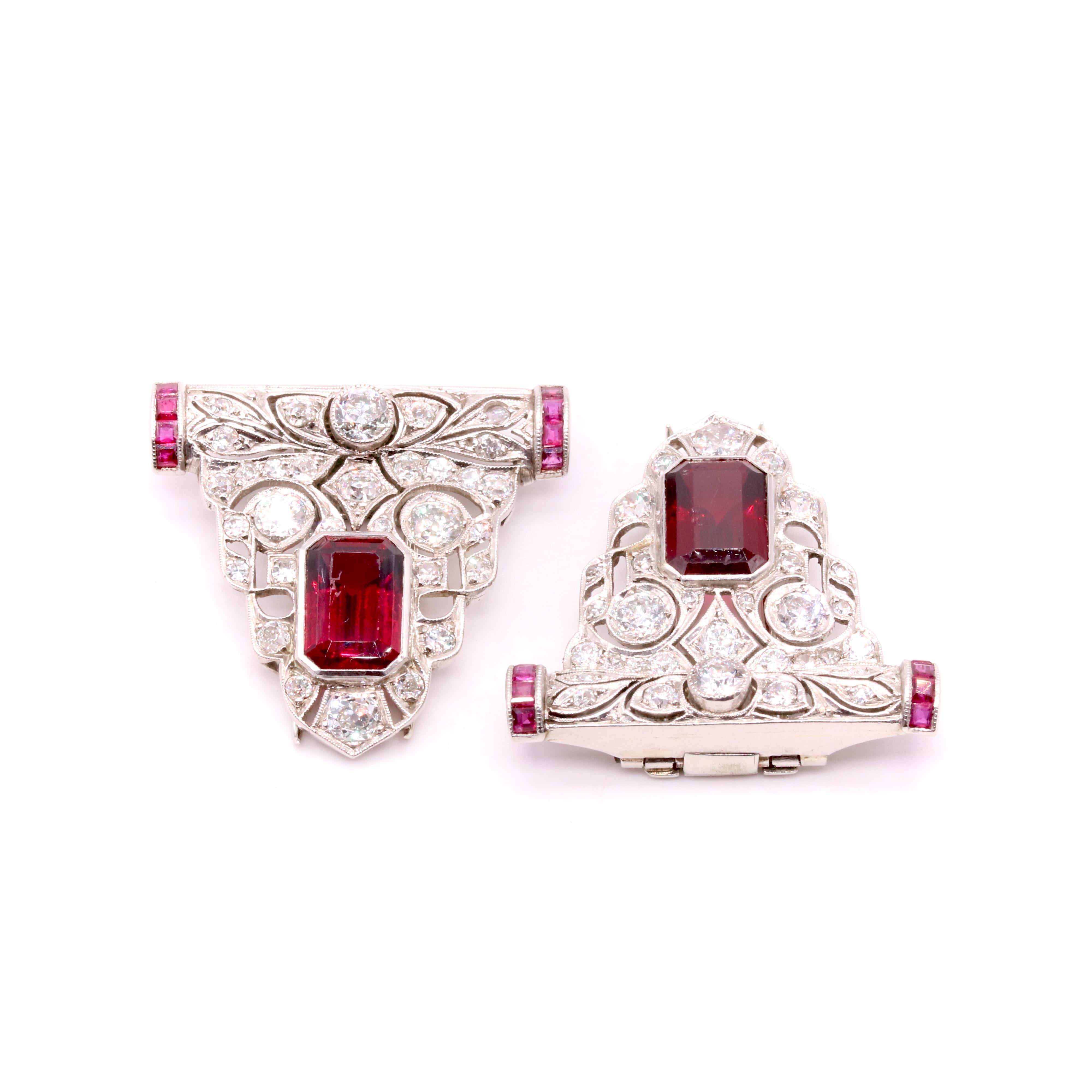 Art Deco 18K Gold 9.31tgw Rubellite Tourmaline, Ruby & Diamond Dress Clips In Good Condition For Sale In Staines-Upon-Thames, GB