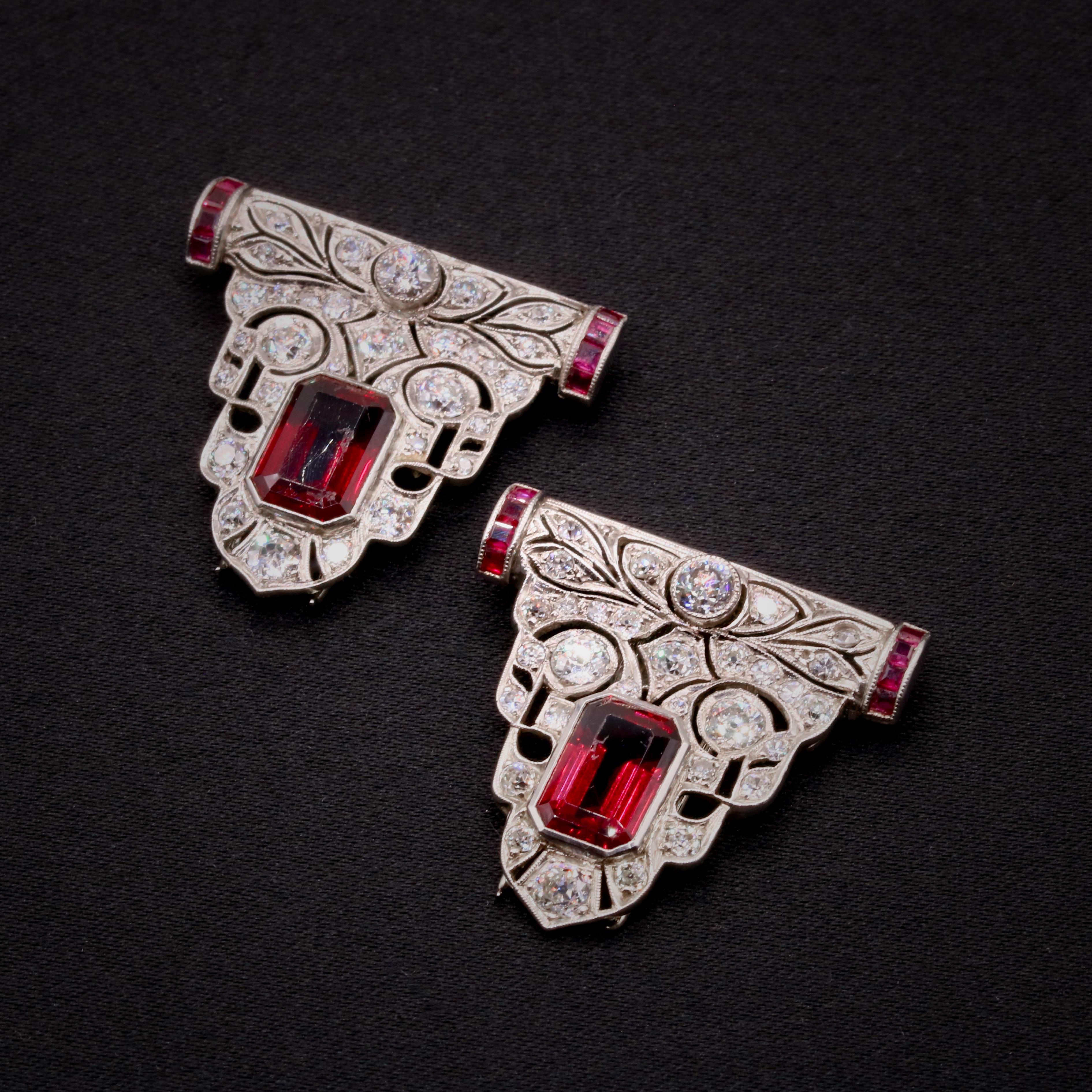 Women's or Men's Art Deco 18K Gold 9.31tgw Rubellite Tourmaline, Ruby & Diamond Dress Clips For Sale