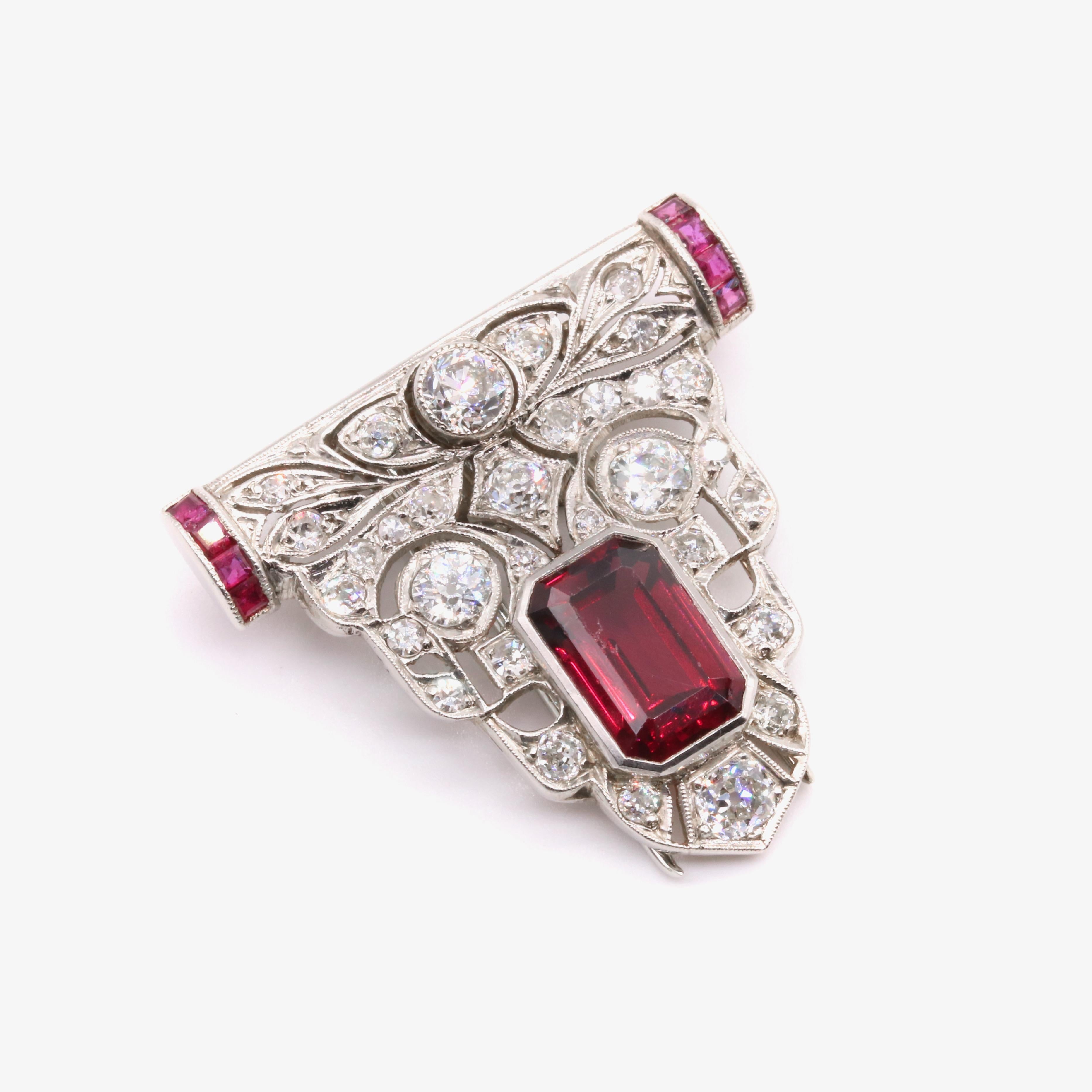 Art Deco 18K Gold 9.31tgw Rubellite Tourmaline, Ruby & Diamond Dress Clips For Sale 4