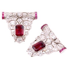 Art Deco 18K Gold 9.31tgw Rubellite Tourmaline, Ruby & Diamond Dress Clips