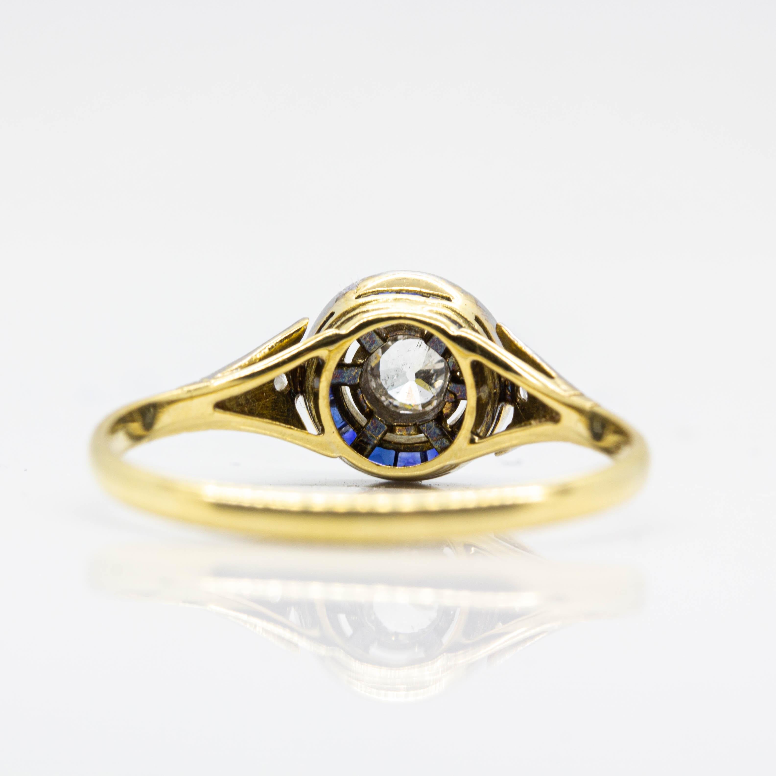 Old Mine Cut Art Deco 18 Karat Gold and Platinum Diamond and Sapphires Ring