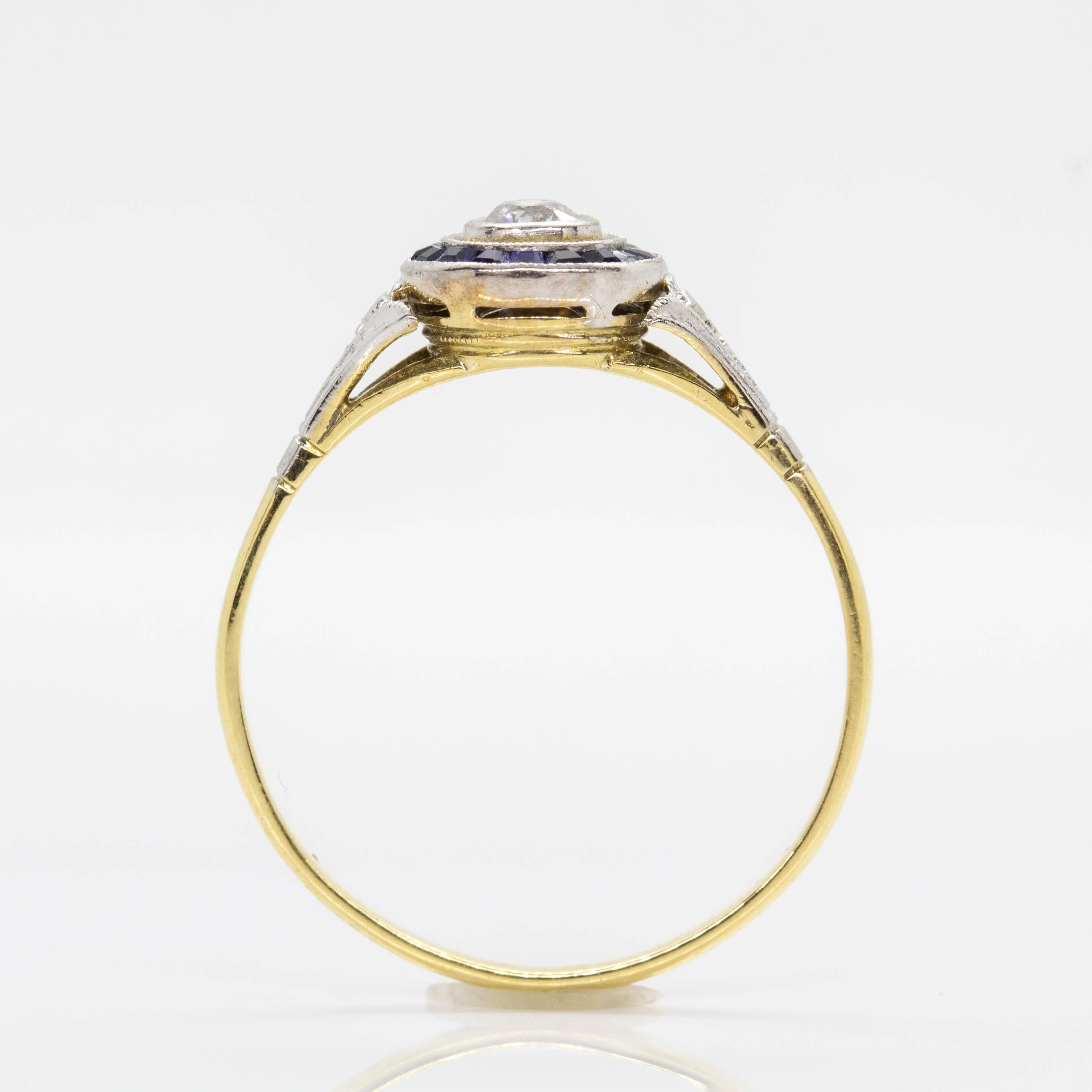 Women's or Men's Art Deco 18 Karat Gold and Platinum Diamond and Sapphires Ring
